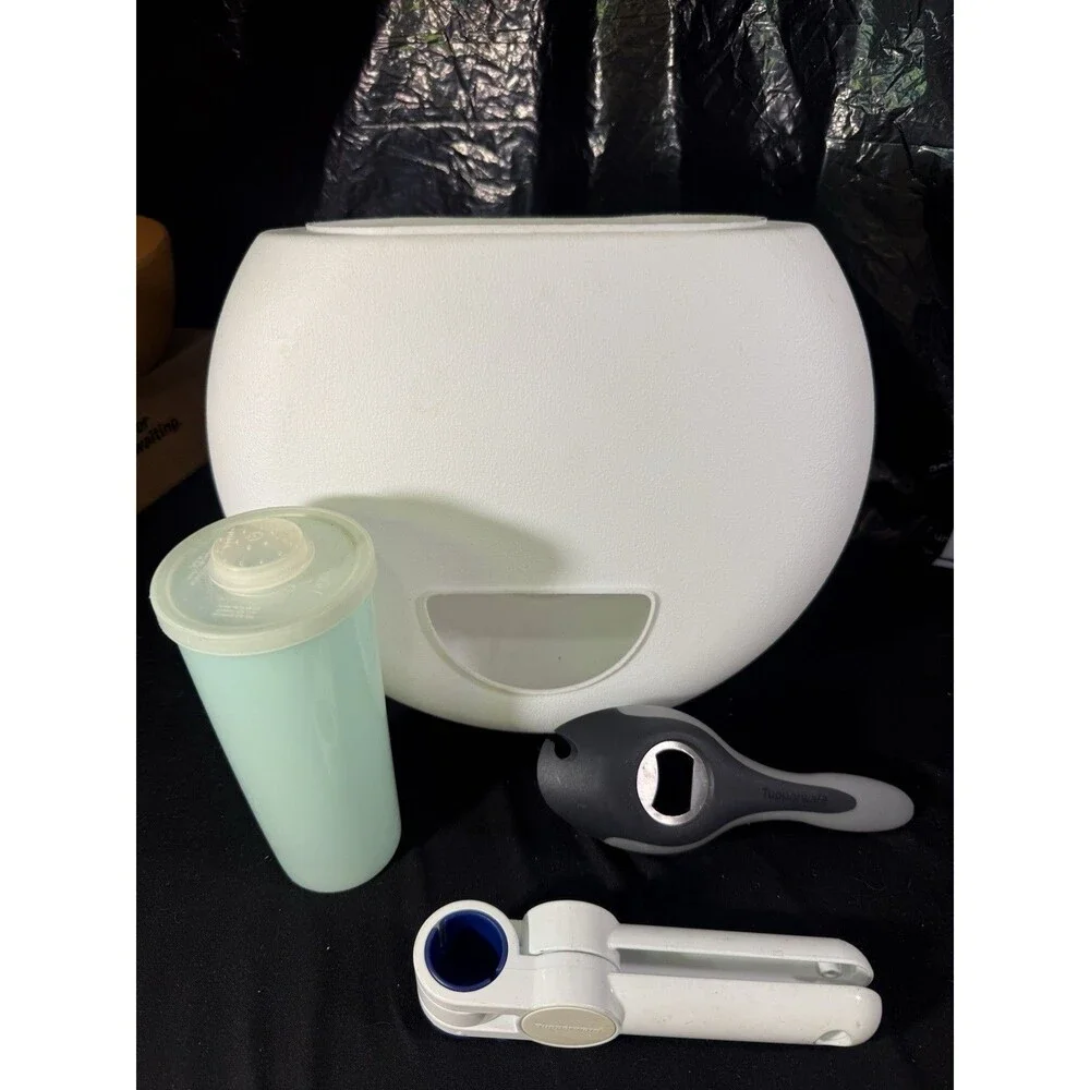 Tupperware 4 Pc Collection Garlic Press/Can Opener/juice/salad Dressing/lid Hold
